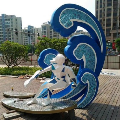 城市景观不锈钢抽象冲浪的人物雕塑 