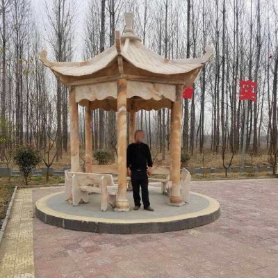 公园户外晚霞红石雕中式六角凉亭雕塑