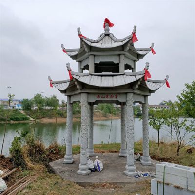 河边户外青石石雕双层青石凉亭雕塑 