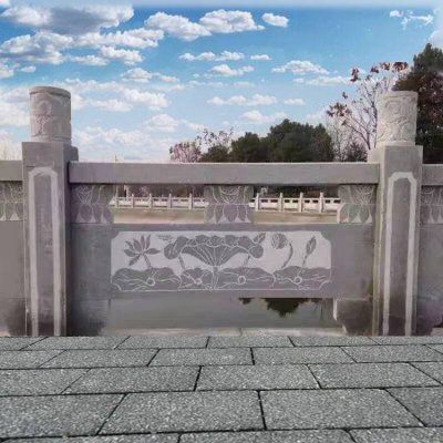 景点公园池塘街边安装青石雕刻荷花栏板 