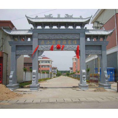 园林村口景观青石三门四柱景观古建筑牌坊雕塑