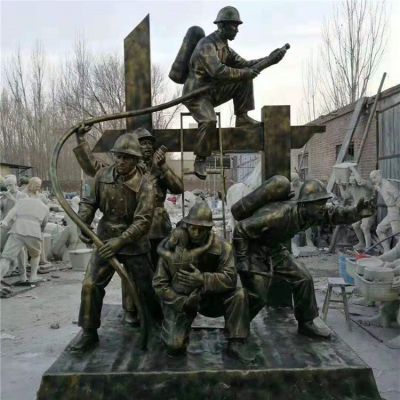 广场摆放仿铜玻璃钢消防员救火情景小品雕塑 消防员雕塑教程广场款式铜雕