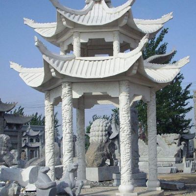 景区公园摆放青石雕刻仿古复式休息凉亭 