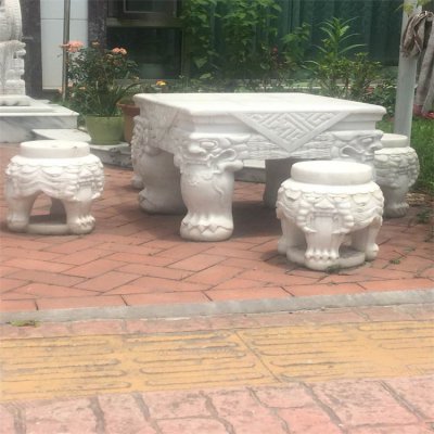 别墅公园户外摆放大理石雕刻兽头方桌圆凳 