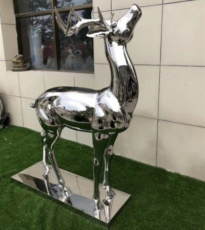 镜面抽象动物景观不锈钢梅花鹿雕塑 