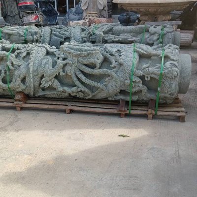 寺庙基柱安装青石浮雕龙盘柱 石浮雕雕塑浮雕照片弥勒砚台