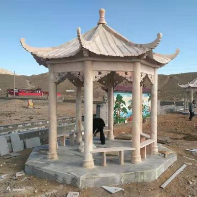 园林景观户外晚霞红石雕景观凉亭雕塑 