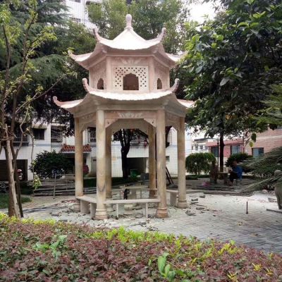 晚霞红石雕双层景观凉亭雕塑 