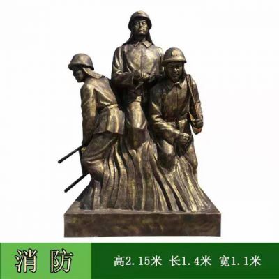 景点户外草地摆放玻璃钢仿铜消防主题人物雕塑 消防员雕塑厂家钢铁金奖水枪