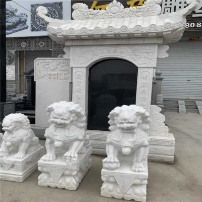 庭院门口摆放汉白玉雕刻招财镇宅狮子石雕一对 狮子雕塑汉白玉方法世界动漫