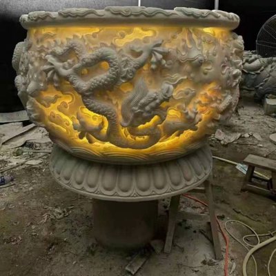 庭院摆放发光汉白玉浮雕龙腾水缸 