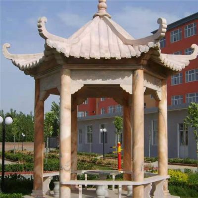 宅院晚霞红石雕中式古建筑六角凉亭雕塑 