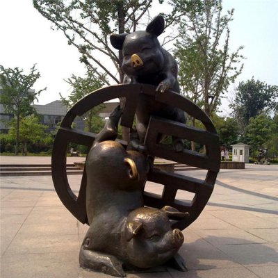创意动物景观玻璃钢仿铜猪雕塑 