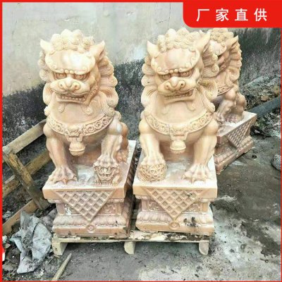 晚霞红石雕一对招财狮子雕塑 狮子雕塑石雕专业石兽绣球