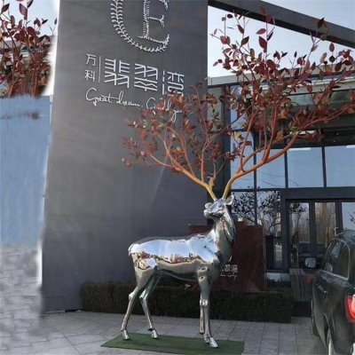 镜面抽象售楼部不锈钢梅花鹿雕塑 