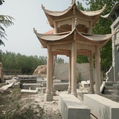 景区园林摆放晚霞红石材二层中式休息凉亭 