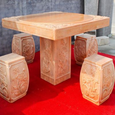 中式四合院摆放家用晚霞红浮雕方桌石凳 石凳雕塑石桌价格镂空院子