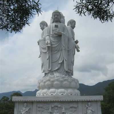 天然汉白玉石雕三面米陀佛雕像景区寺庙供奉摆件雕塑 