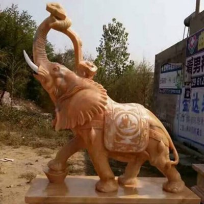 公司银行门口摆放晚霞红雕刻招财如意大象石雕 