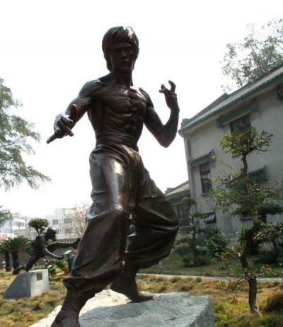 园林景观玻璃钢仿铜人物李小龙雕塑 李小龙雕塑照片背后作文手办