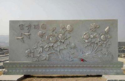 广场富贵满园牡丹花石浮雕影壁 牡丹花雕塑浮雕花园图案花仙子