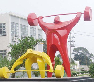 城市广场玻璃钢卡通抽象彩绘举重的组合小品雕塑 举重雕塑作品肌肉运动员器材