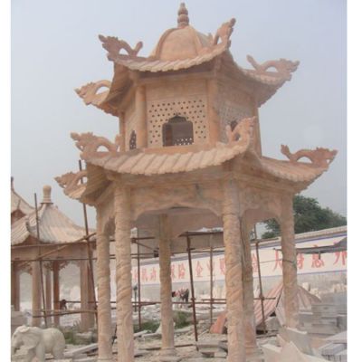 晚霞红石雕双层景观凉亭雕塑 