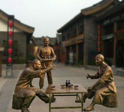 古镇情景小品玻璃钢仿铜喝酒的人物 