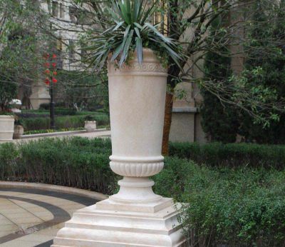 小区圆形汉白玉石雕花盆雕塑 花盆雕塑喷泉平原栏杆款式