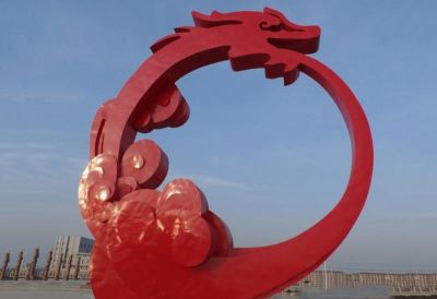 户外景区不锈钢喷漆抽象红色圆形龙雕塑 