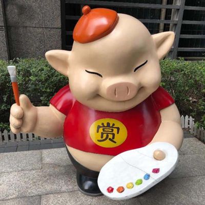 商场教育培训班摆放玻璃钢卡通画画小猪公仔 小猪雕塑不锈钢兔子草地景观