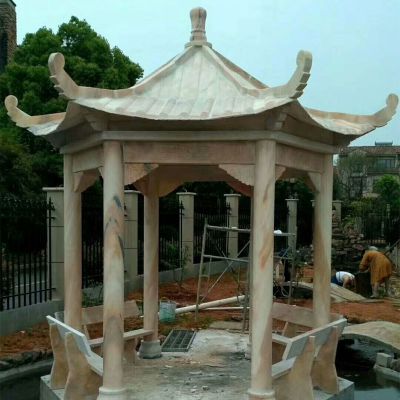 别墅院子安装天然大理石晚霞红休息仿古凉亭 