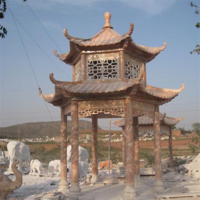 户外景区晚霞红石雕凉亭景观双层凉亭雕塑 