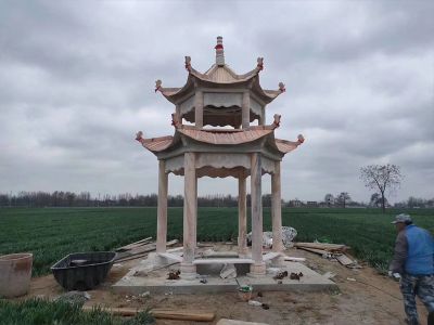 晚霞红石雕双层户外景观中式凉亭雕塑 