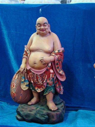 玻璃钢彩绘拿包袱的大肚子弥勒佛十八罗汉雕塑 弥勒佛雕塑价格人造青瓷鎏金