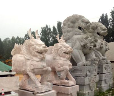 晚霞红石雕招财动物景观麒麟雕塑 麒麟雕塑石雕水泥传统金红