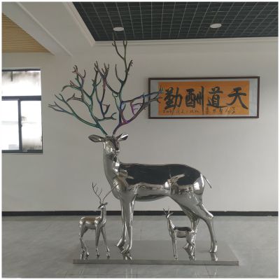 不锈钢镜面抽象动物景观梅花鹿雕塑 