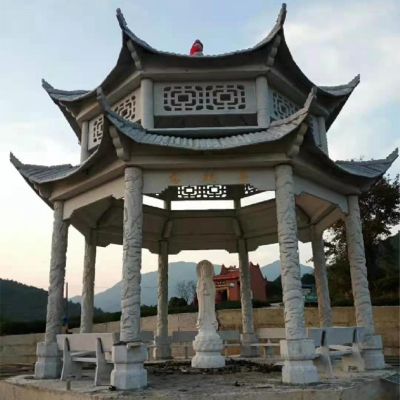 户外大型中式双层六角凉亭景观摆件 凉亭雕塑石雕风水商有贴吧