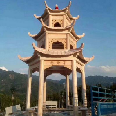 晚霞红石雕三层景观慈母亭雕塑 