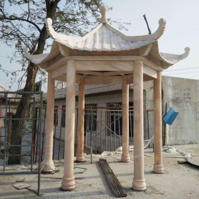 晚霞红石雕中式凉亭雕塑 