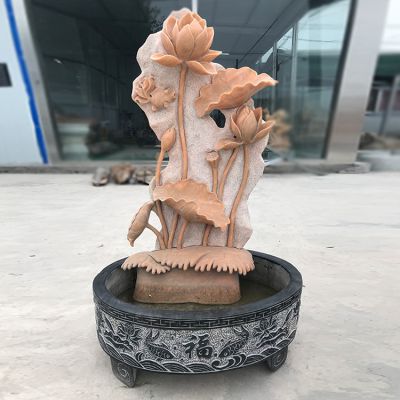 晚霞红石雕招财景观莲花景观荷叶荷花青石水缸雕塑 