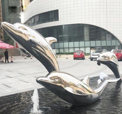 小区公园水池摆放镜面不锈钢海豚组合雕塑 海豚雕塑大全生肖图集小麦