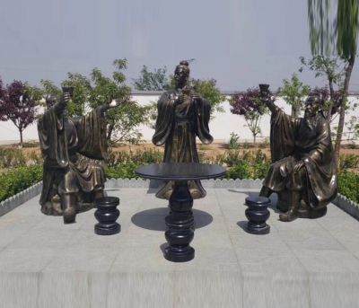 景点园林摆放玻璃钢仿铜古代喝酒人物小品雕塑 