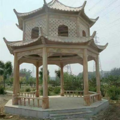 景区园林摆放晚霞红雕刻二层休息凉亭 
