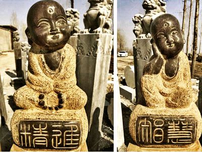 景区寺院摆放青石做旧禅意小沙弥雕像 沙弥雕塑寺院特色卡通作品