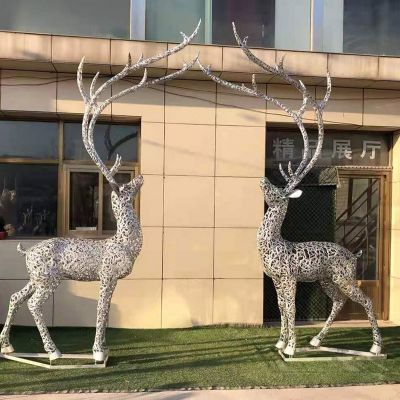 不锈钢金属抽象动物景观梅花鹿雕塑 
