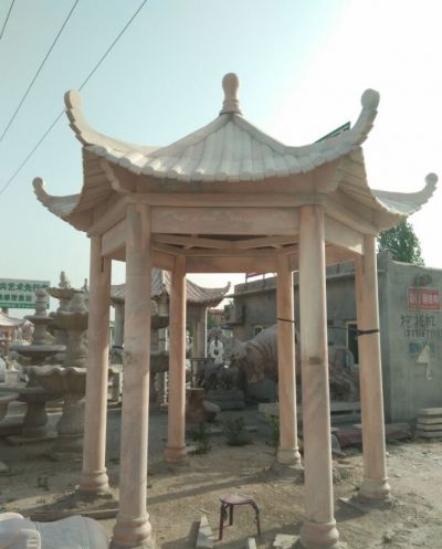 园林户外晚霞红石雕景观凉亭雕塑 