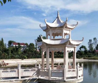 户外河边青石石雕中式双层古建筑凉亭雕塑 