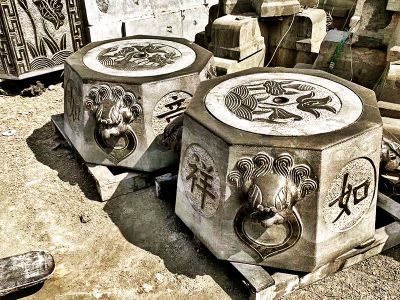 庭院摆放八角吉祥如意仿古石柱墩 