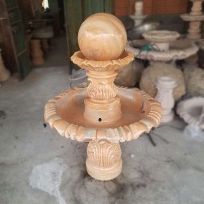 晚霞红石雕双层风水球喷泉雕塑 风水球雕塑厂家流程大号性质